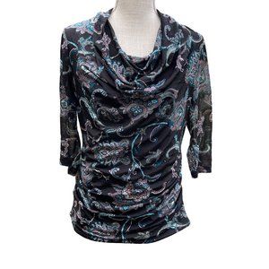 Dana Buchman Drape Front Paisley Print Top Womens S Black 3/4 Cowl Neck Ruched‎